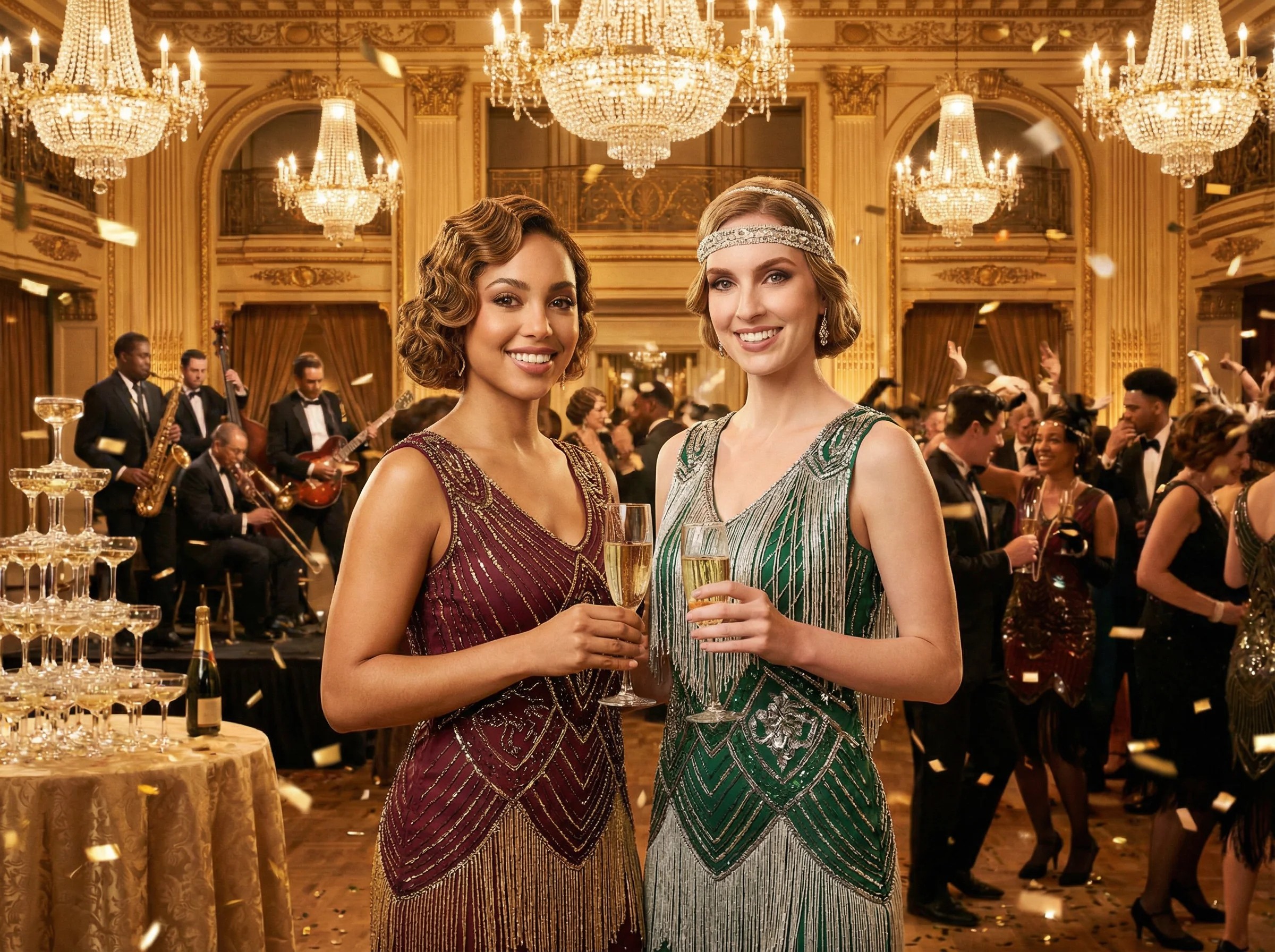 AI Gatsby glamour photo booth result showing guests in golden Art Deco style with sparkle and sequin backdrop