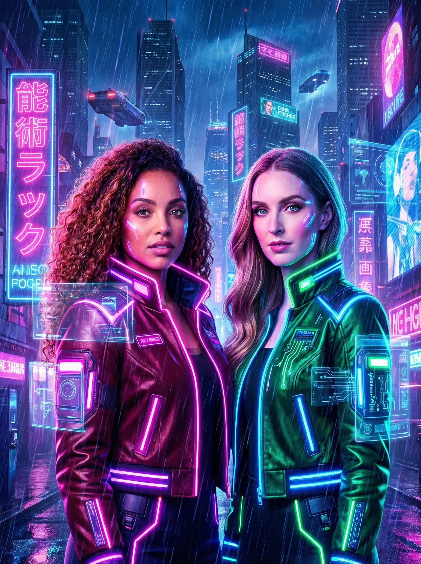 AI neon cyberpunk photo booth result showing guests in a rain-soaked futuristic city with pink and blue neon signs