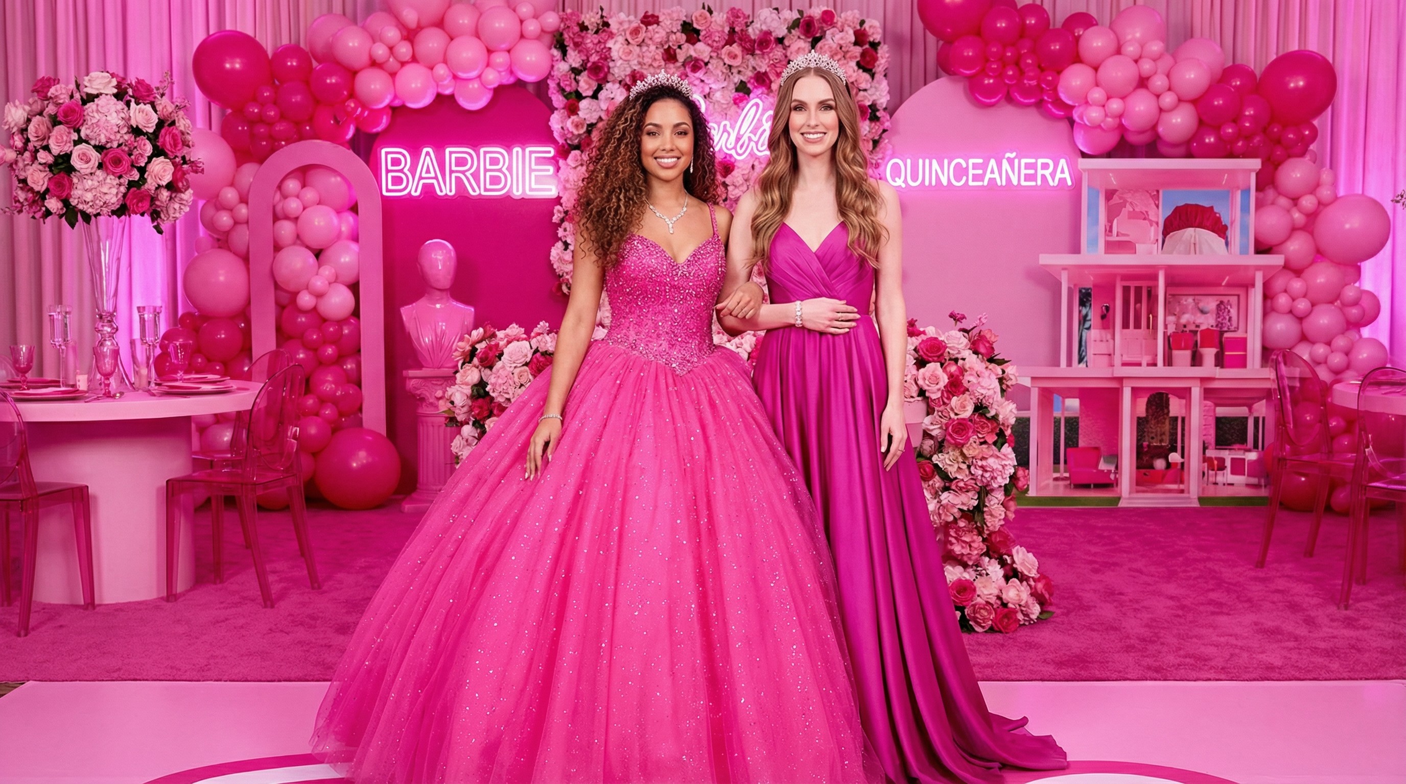 AI photo booth Barbiecore transformation with hot pink maximalist background, glitter, and a quinceañera guest in a glamorous pink editorial style