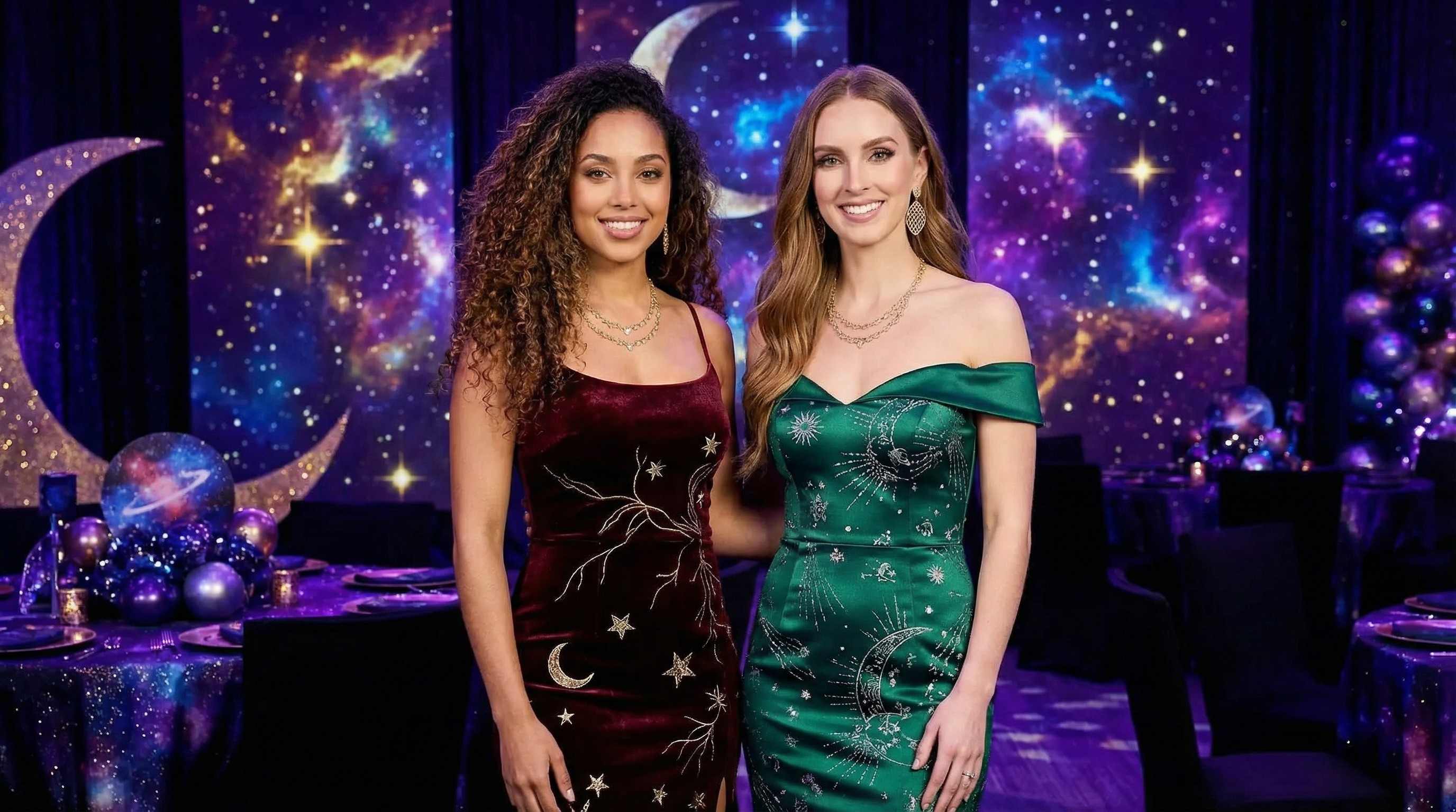 AI photo booth Cosmic Starry Night transformation showing a quinceañera guest surrounded by nebula colors, stars, and celestial elements