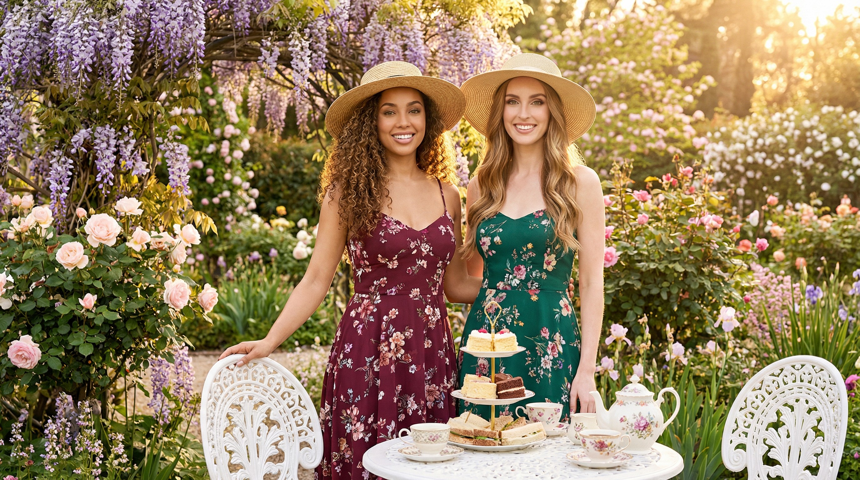AI photo booth Garden Party Editorial style showing a wedding guest surrounded by blooming peonies, soft natural bokeh, and warm diffused daylight
